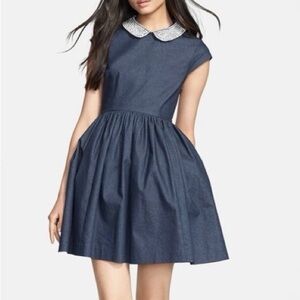 Kate Spade Kimberly Peter Pan Rhinestone Crystal Collar Blue Denim Dress